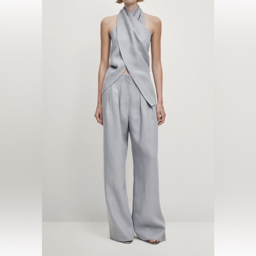 Massimo Dutti studio linen Light Gray Wide Leg pants